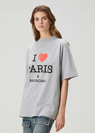 Balenciaga Kadın I Love Paris Medium Fit Gri T-Shirt S