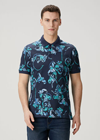 Versace Jeans Couture Erkek Petrol Polo Yaka Barok Desenli T-Shirt Mavi Xs