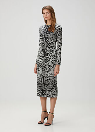 Dolce&gabbana Kadın Gri Leopar Midi İpek Elbise Kahverengi 38 It