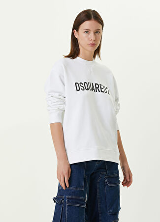 Dsquared2 Kadın Beyaz Bisiklet Yaka Logolu Sweatshirt L