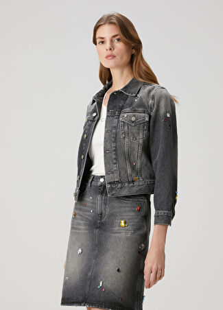 Marc Jacobs Kadın Gri İşlemeli Denim Ceket Xs