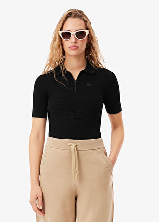 Lacoste Kadın Siyah Slim Fit Yarım Fermuarlı Kısa Kollu Triko 36 -1