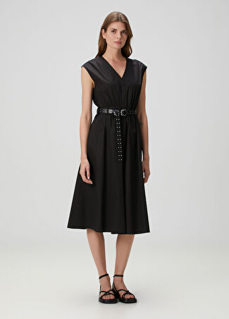 Michael Michael Kors Michael Kors Kadın Siyah Kemerli Midi Elbise Xs