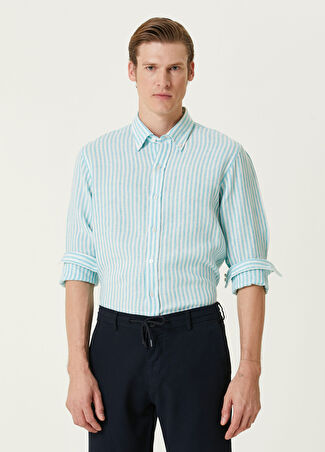 Beymen Collection Collection Erkek Comfort Fit Beyaz Çizgili Keten Gömlek Mavi S
