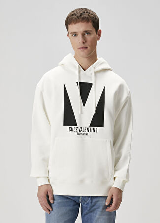 Valentino Erkek Fildişi Kapüşonlu Logo Baskılı Sweatshirt Bej L