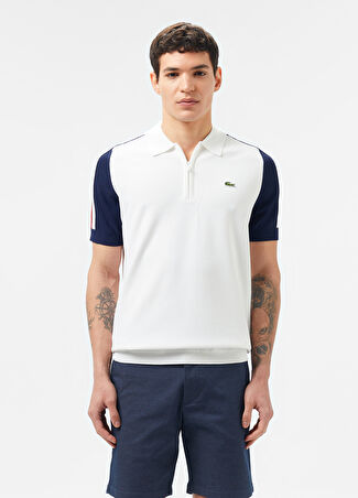 Lacoste Erkek Renk Bloklu Beyaz Yarım Fermuarlı Kısa Kollu Triko Kazak Xxl -1