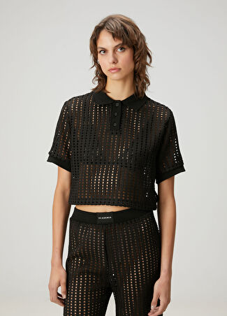 Academia Kadın Siyah Kroşe Cropped Bluz Xs