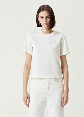 Palm Angels Kadın Kırık Beyaz Logolu T-Shirt Bej Xs