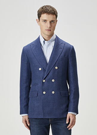 Brunello Cucinelli Erkek Mavi Keten Kruvaze Ceket 50 It -1