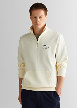Gant Erkek Krem Rengi Logolu Yarım Fermuarlı Regular Fit Sweatshirt M - 1
