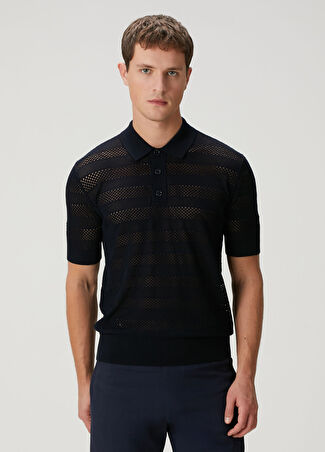 Dries Van Noten Erkek Lacivert Polo Yaka Kısa Kollu Dokulu Triko L