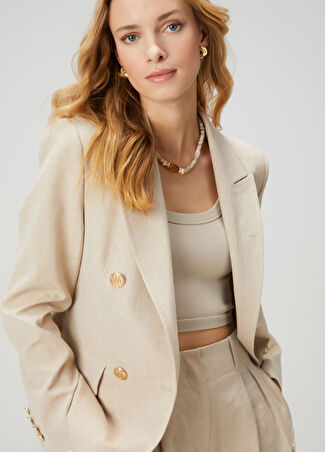 Beymen Club Kadın Bej Kruvaze Keten Blazer 34 -1