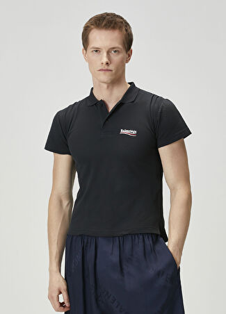 Balenciaga Erkek Siyah Polo Yaka Logo Nakışlı T-Shirt M