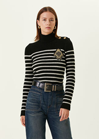 Balmain Kadın Siyah Krem Dik Yaka Çizgili Kaşmir Kazak 40 Fr