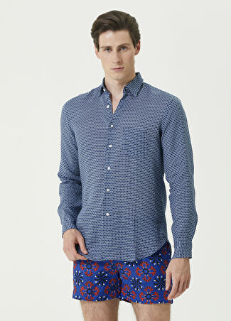 Peninsula Erkek Mavi Geometrik Desenli Keten Gömlek S
