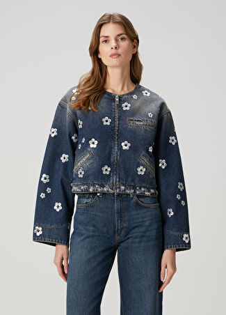 Marc Jacobs Kadın Mavi Çiçekli Payetli Denim Ceket Lacivert S -1
