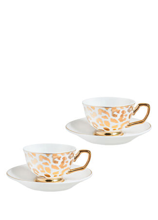 Cristina Re Leopar Desenli Bone China Gold 2 Li Kahve Fincanı Beyaz -1