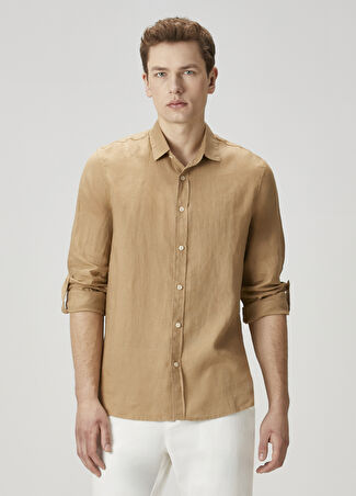 Scotch & Soda Erkek Bej Logo Nakışlı Keten Gömlek S -1