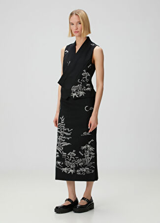 Kenzo Kadın Paris Jungle Siyah Nakışlı Midi İpek Etek 38 It