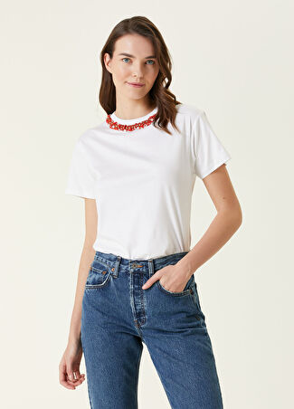 Valentino Kadın Beyaz Yakası İşlemeli T-Shirt M