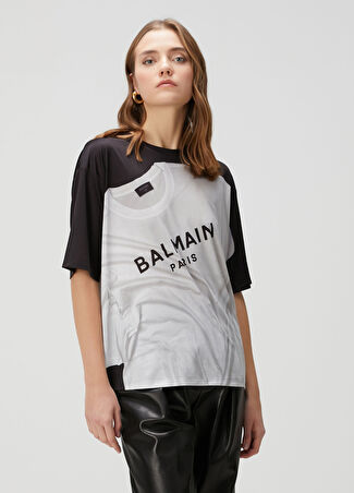 Balmain Kadın Siyah Beyaz Logo Baskılı T-Shirt Xs