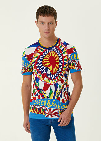 Dolce&gabbana Erkek Mavi Carretto Desenli T-Shirt 46 It
