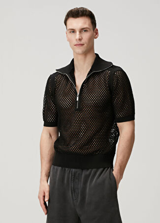 Helmut Lang Erkek Siyah Polo Yaka File Dokulu T-Shirt M