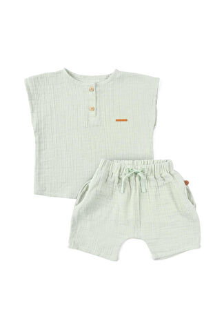 Little Gusto Bebek Yeşil Organik Pamuk Müslin Şort Bluz 2'li Set 6-9 Ay - 1