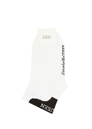 Mcqueen Kadın Beyaz Siyah Logo Jakarlı Çorap