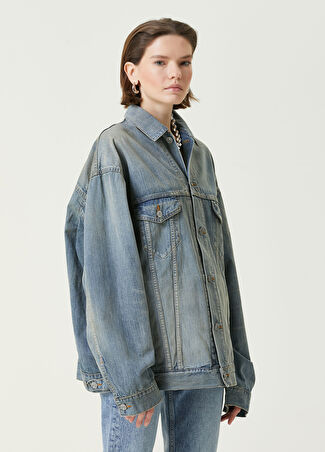 Balenciaga Kadın Mavi Logo Baskılı Jean Ceket S