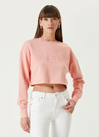 Balmain Kadın Somon Logo Nakışlı Crop Sweatshirt Pembe Xs