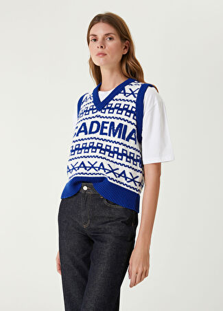 Academia Kadın Saks Logo Jakarlı Süveter Mavi Xs