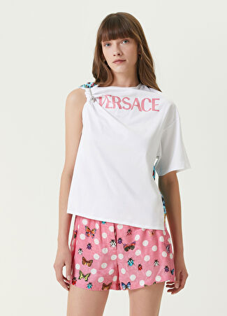 Versace Kadın Beyaz Büzgü Detaylı Logolu T-Shirt 38 It