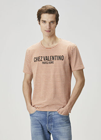 Valentino Erkek Bej Çizgi Desenli Logolu T-Shirt L