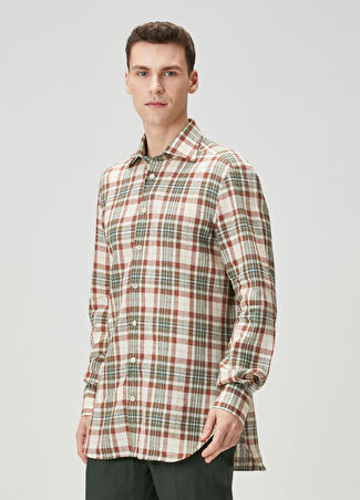 Kiton Erkek Kahverengi Yeşil Ekose Desenli Keten Gömlek 40 It -1