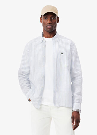 Lacoste Erkek Çizgili Keten Regular Fit Uzun Kollu Gömlek Mavi 41 -1