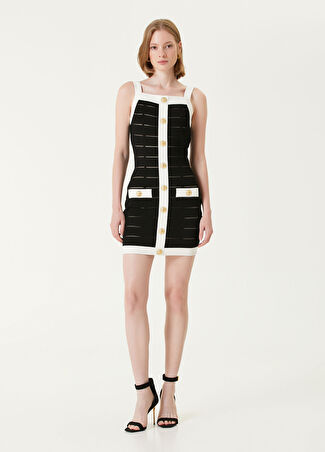 Balmain Kadın Siyah Beyaz Mini Triko Elbise 34 Fr
