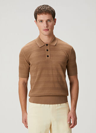 Dries Van Noten Erkek Kamel Polo Yaka Kısa Kollu Dokulu Triko Kahverengi L