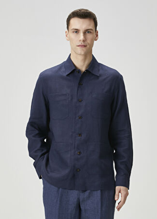 Brunello Cucinelli Erkek Lacivert Keten Gömlek Xxl -1