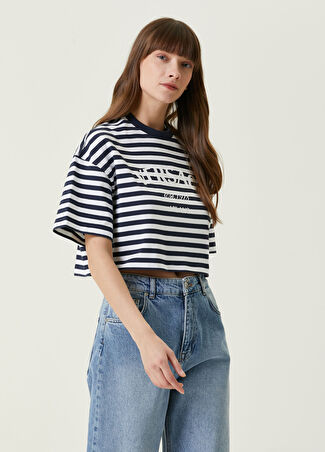Versace Kadın Lacivert Beyaz Çizgili Crop T-Shirt 40 It