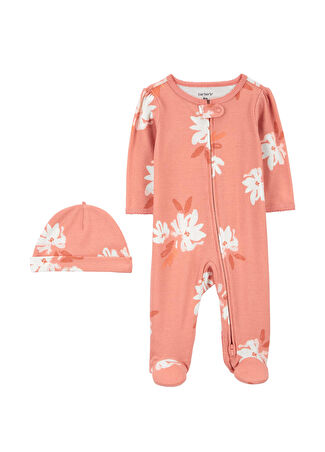 Carter's Kız Çocuk Pembe Bebek 2'li Tulum Şapka Set 9 Ay -1