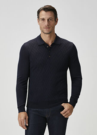 Pal Zileri Erkek Lacivert Polo Yaka Jakarlı Yün Sweatshirt 50 It