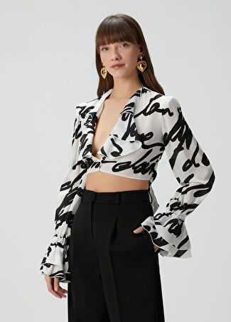 Balmain Kadın Siyah Beyaz Cropped İpek Gömlek 36 Fr
