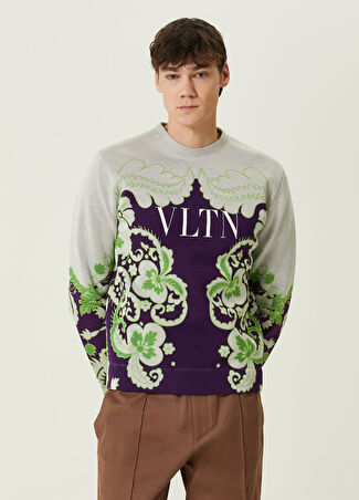 Valentino Erkek Mor Çiçek Desenli Logo Baskılı Sweatshirt L