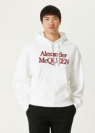 Mcqueen Erkek Beyaz Kapüşonlu Logo Nakışlı Sweatshirt M