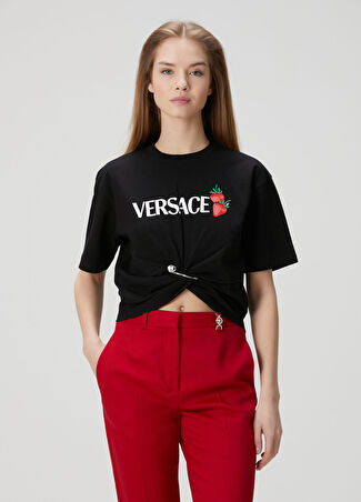 Versace Kadın Siyah Logo Baskılı T-Shirt 38 It