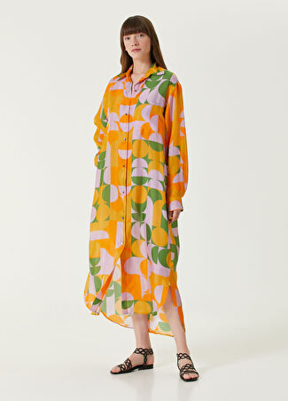 Dries Van Noten Kadın Turuncu Desenli Midi İpek Elbise Xs
