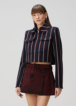 Mcqueen Kadın Lacivert Çizgili Crop Yün Ceket 42 It