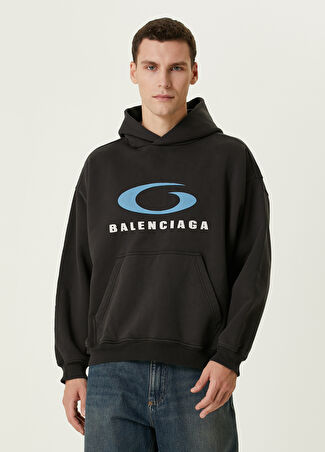 Balenciaga Erkek Medium Fit Loop Sports Siyah Kapüşonlu Sweatshirt Mavi L -1
