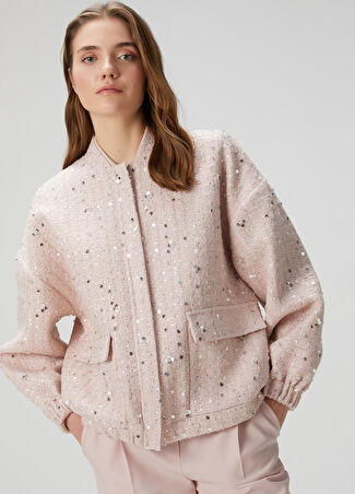Collection Kadın Pembe Payetli Tweed Ceket 40 -1